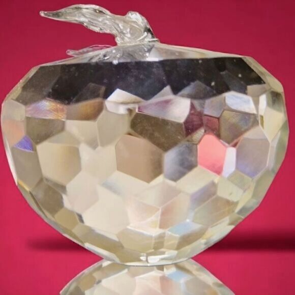 Paperweight  CRYSTAL/GLASS APPLE Faceted with  Stem/Leaf Handmade 1.5" - Picture 2 of 9